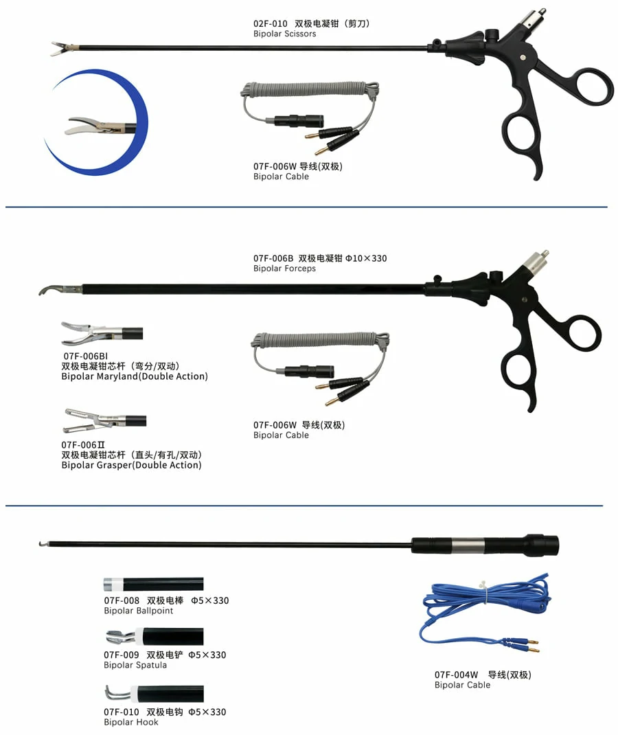 CITEC™ HF Endoscope Bipolar Surgical Instruments, Bipolar Scissors, Bipolar Cable, Bipolar Forceps, Bipolar Maryland(Double Action), Bipolar Cable, Bipolar Grasper(Double Action), Bipolar Ballpoint, Bipolar Spatula, Bipolar Cable, Bipolar HookGeneral Surgery Instruments, Reusable Laparoscopic Instruments