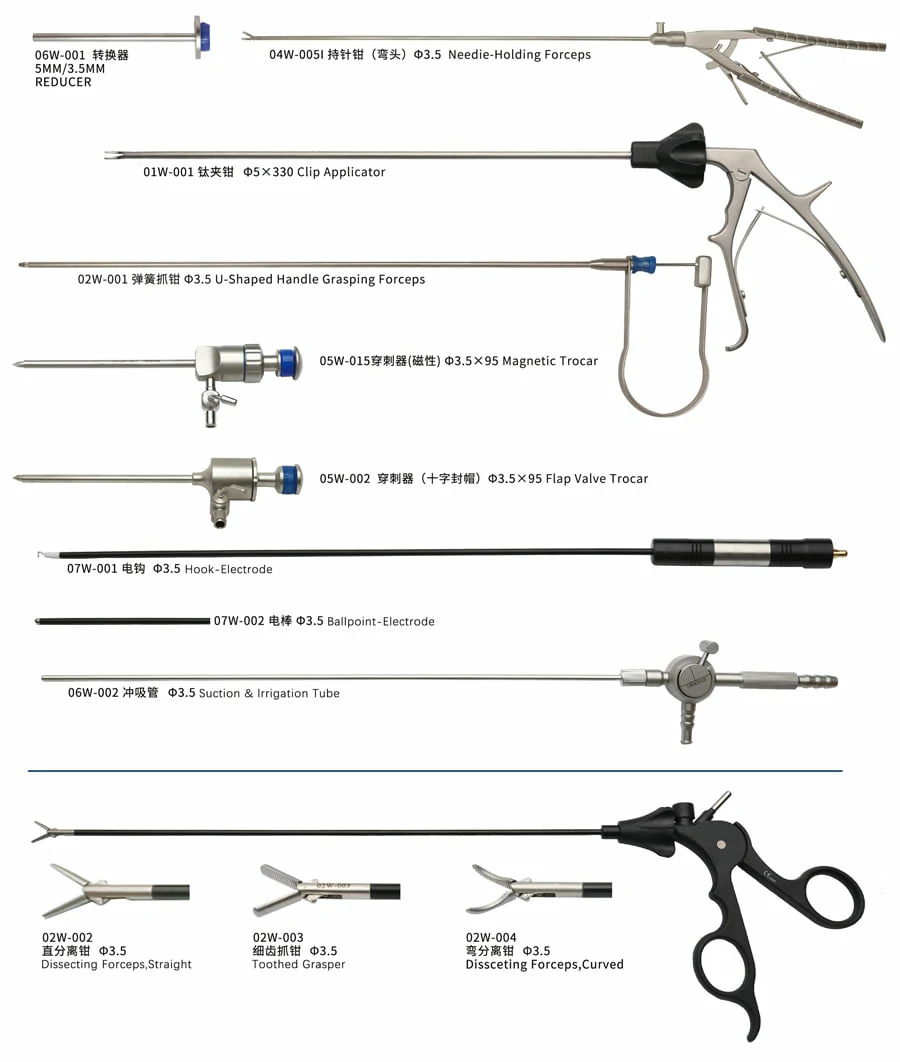 Pediatric Laparoscopic Surgery Instrument, Needie-holding Forceps, Clip Applicator, U-Shaped Handle Grasping Forceps ,Magnetic Trocar, Flap Valve Trocar, Hook-Electrode, Ballpoint-Electrode, Toothed Grasper